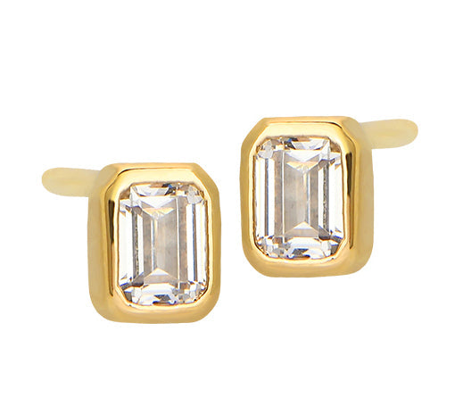 White CZ Emerald Cut Bezel Set Gold Stud Earrings